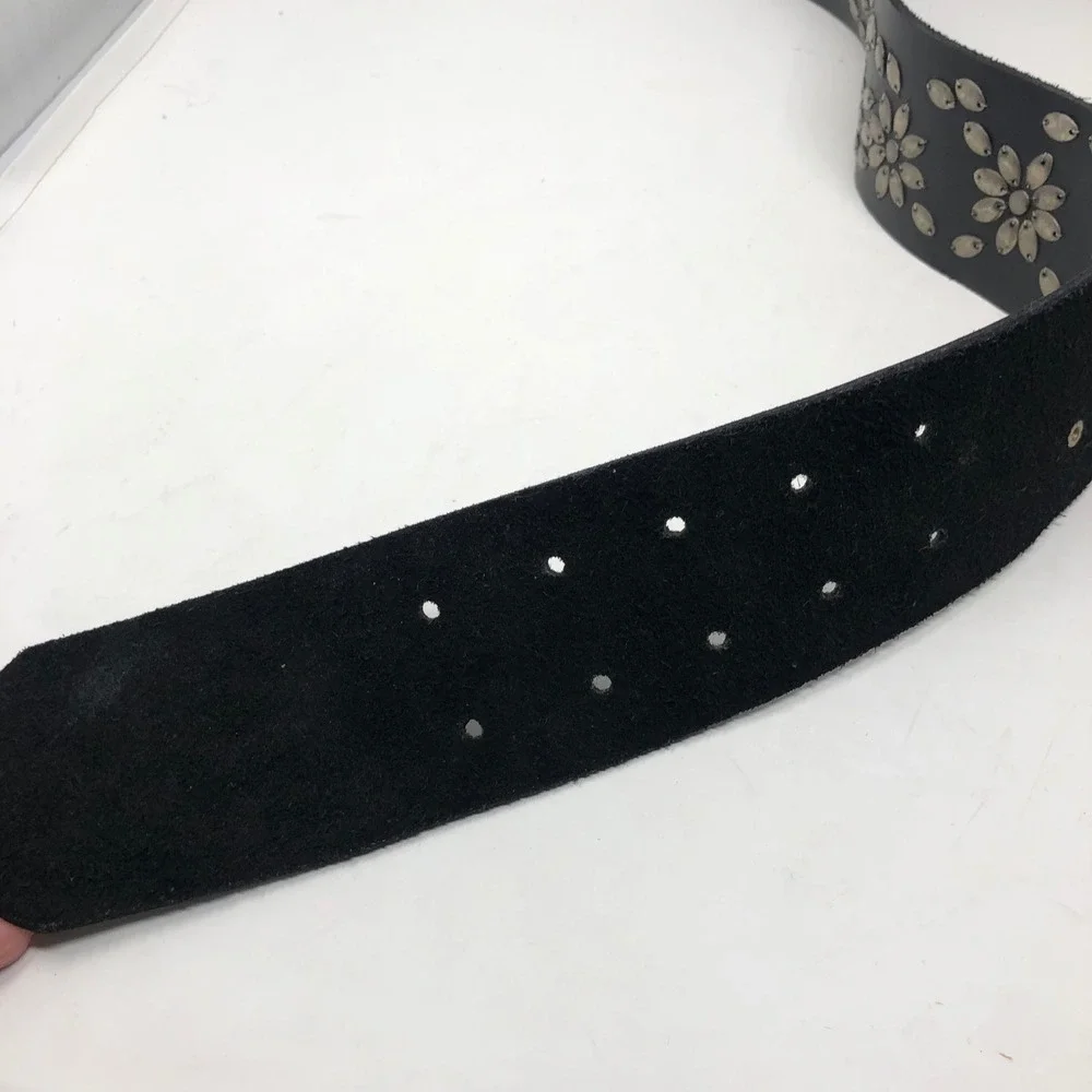 Sundance Belt Large Black Studded Leather Floral Double Prong Buckle Wide Boho